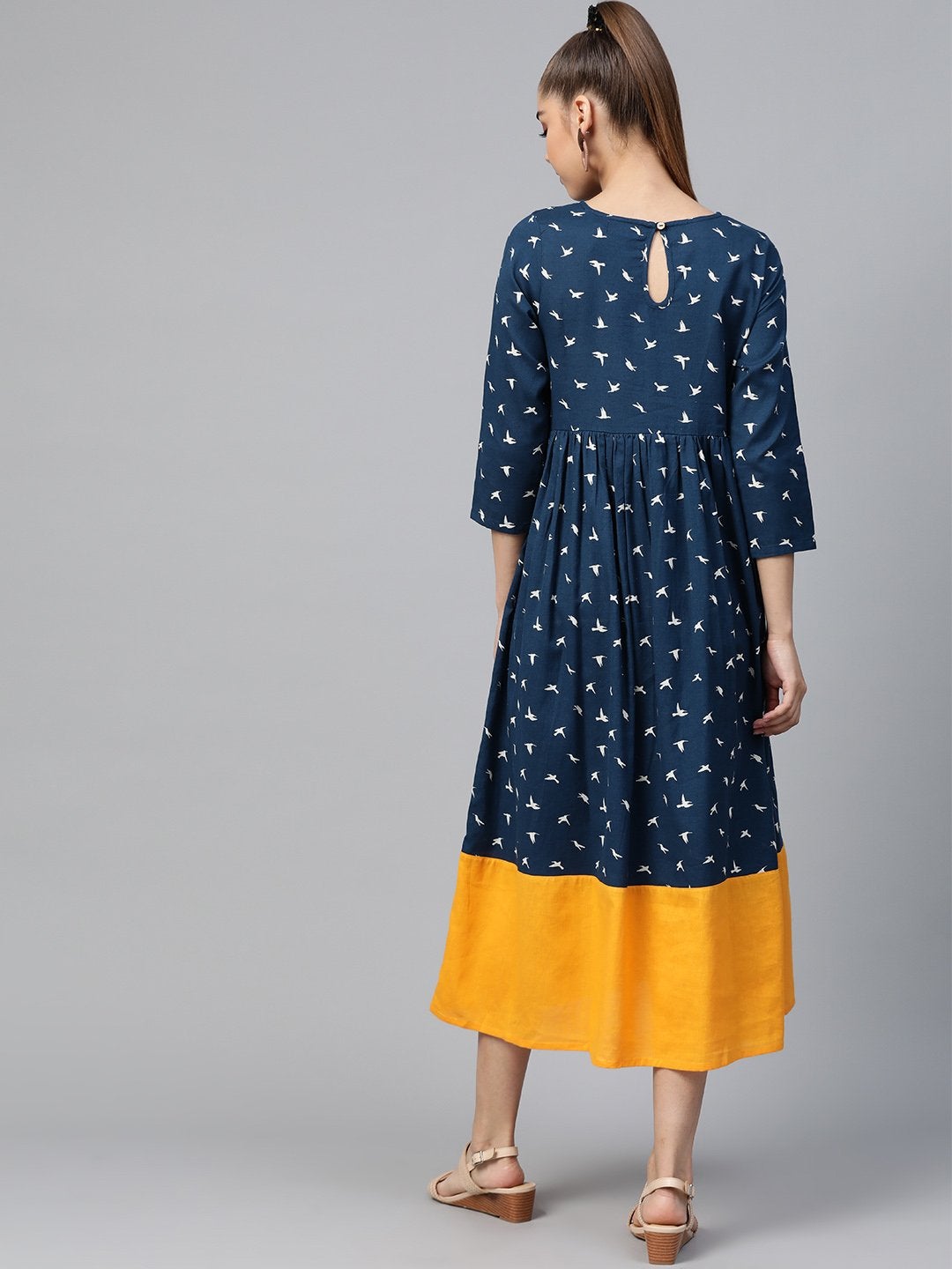 Women's Navy Bird Print Gathered Dress - SASSAFRAS