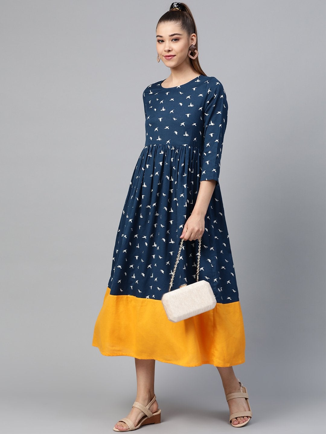 Women's Navy Bird Print Gathered Dress - SASSAFRAS