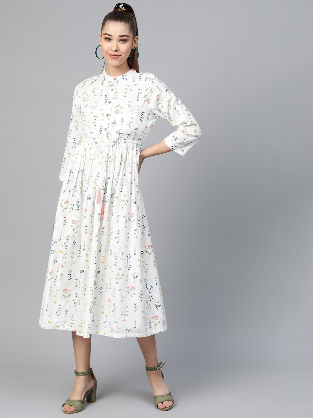 Women's White Floral Drawstring Dress - SASSAFRAS