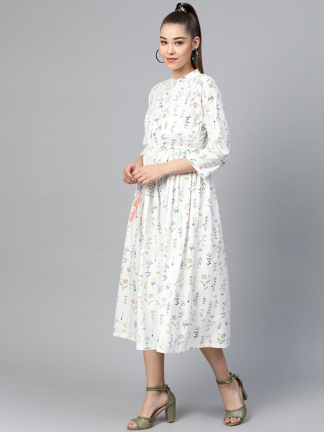 Women's White Floral Drawstring Dress - SASSAFRAS