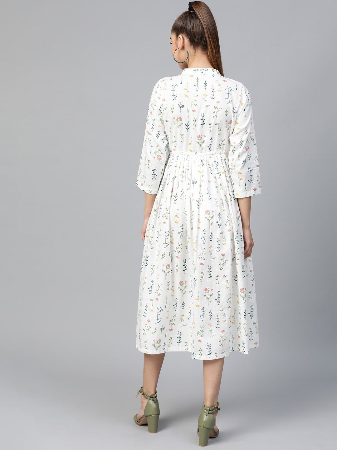 Women's White Floral Drawstring Dress - SASSAFRAS