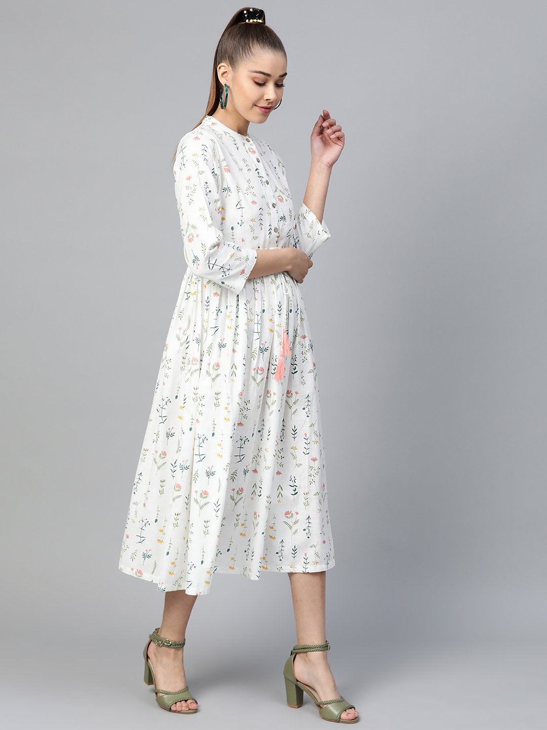 Women's White Floral Drawstring Dress - SASSAFRAS