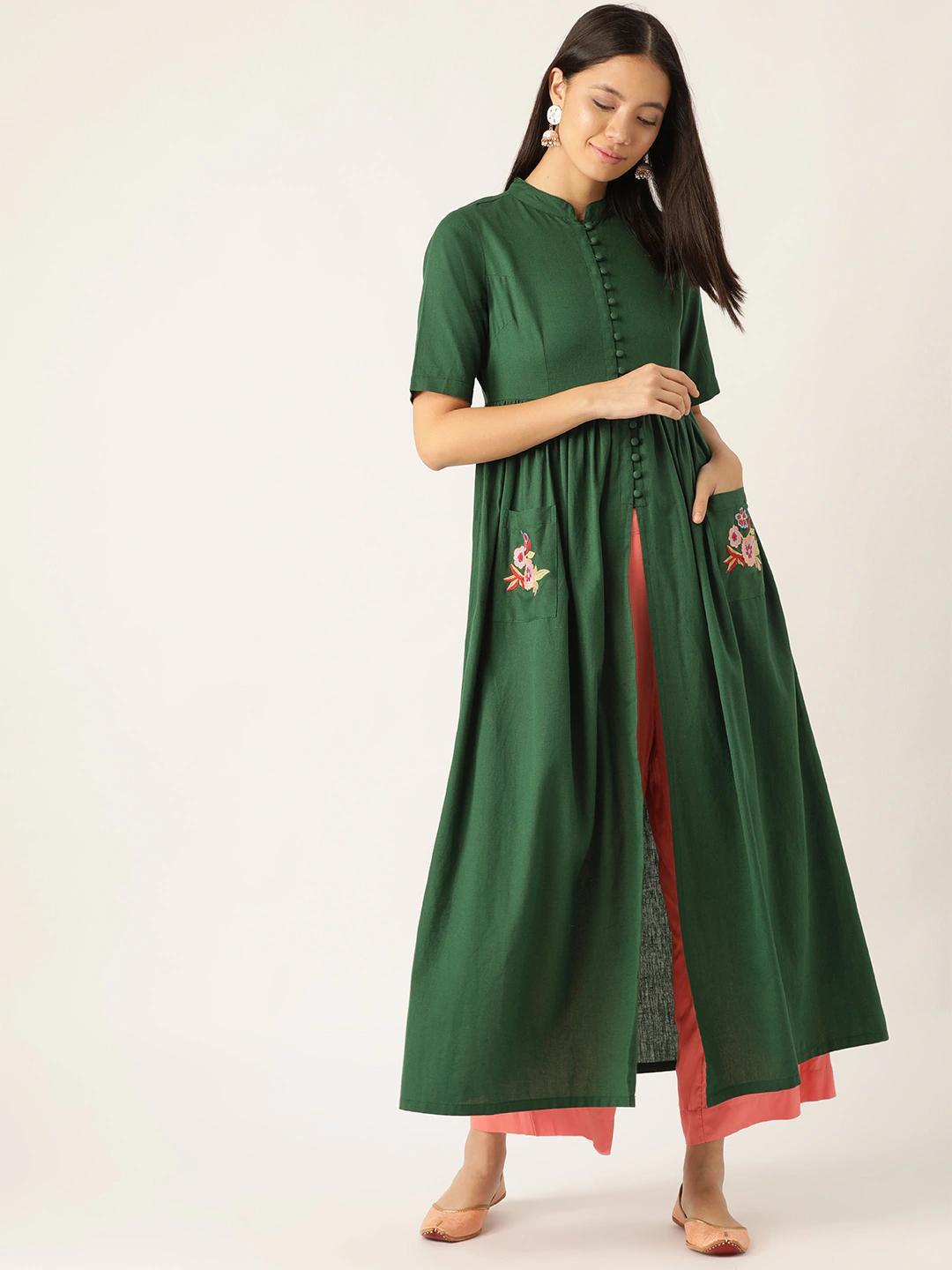 Women's Green Embroidered Pocket Gatherd Kurta - SHAE