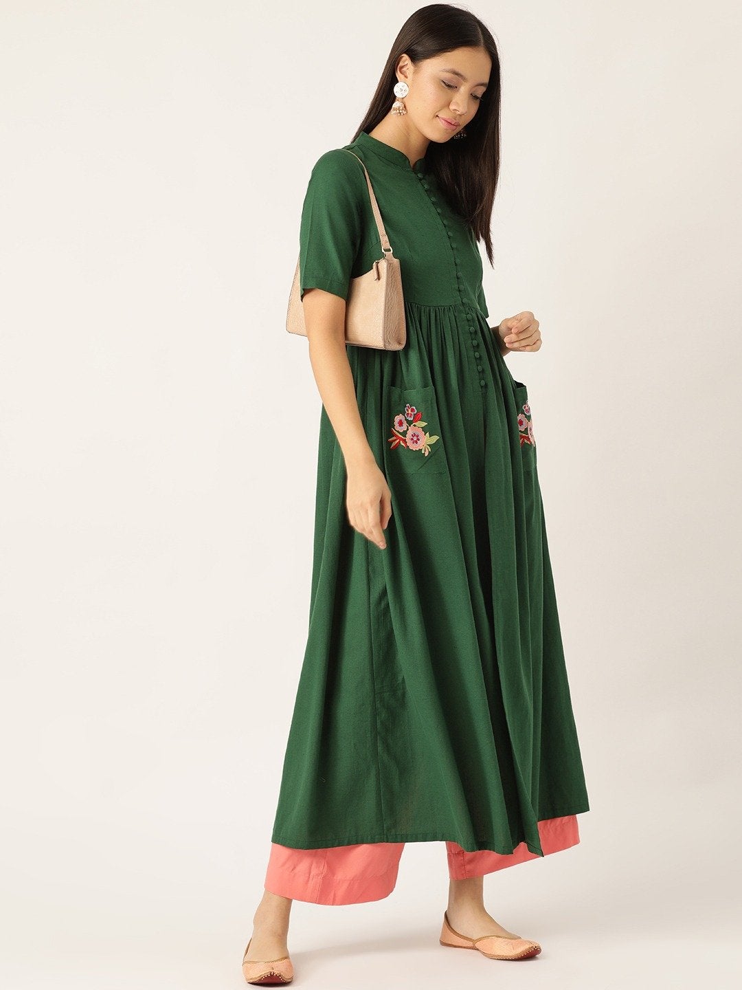 Women's Green Embroidered Pocket Gatherd Kurta - SHAE