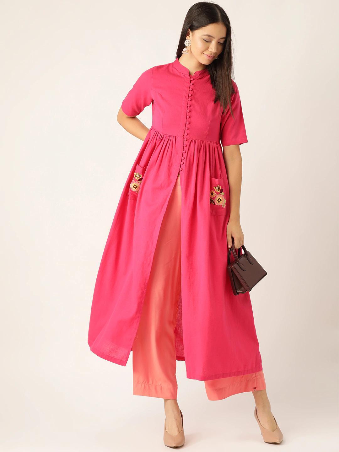 Women's Pink Embroidered Pocket Gatherd Kurta - SHAE