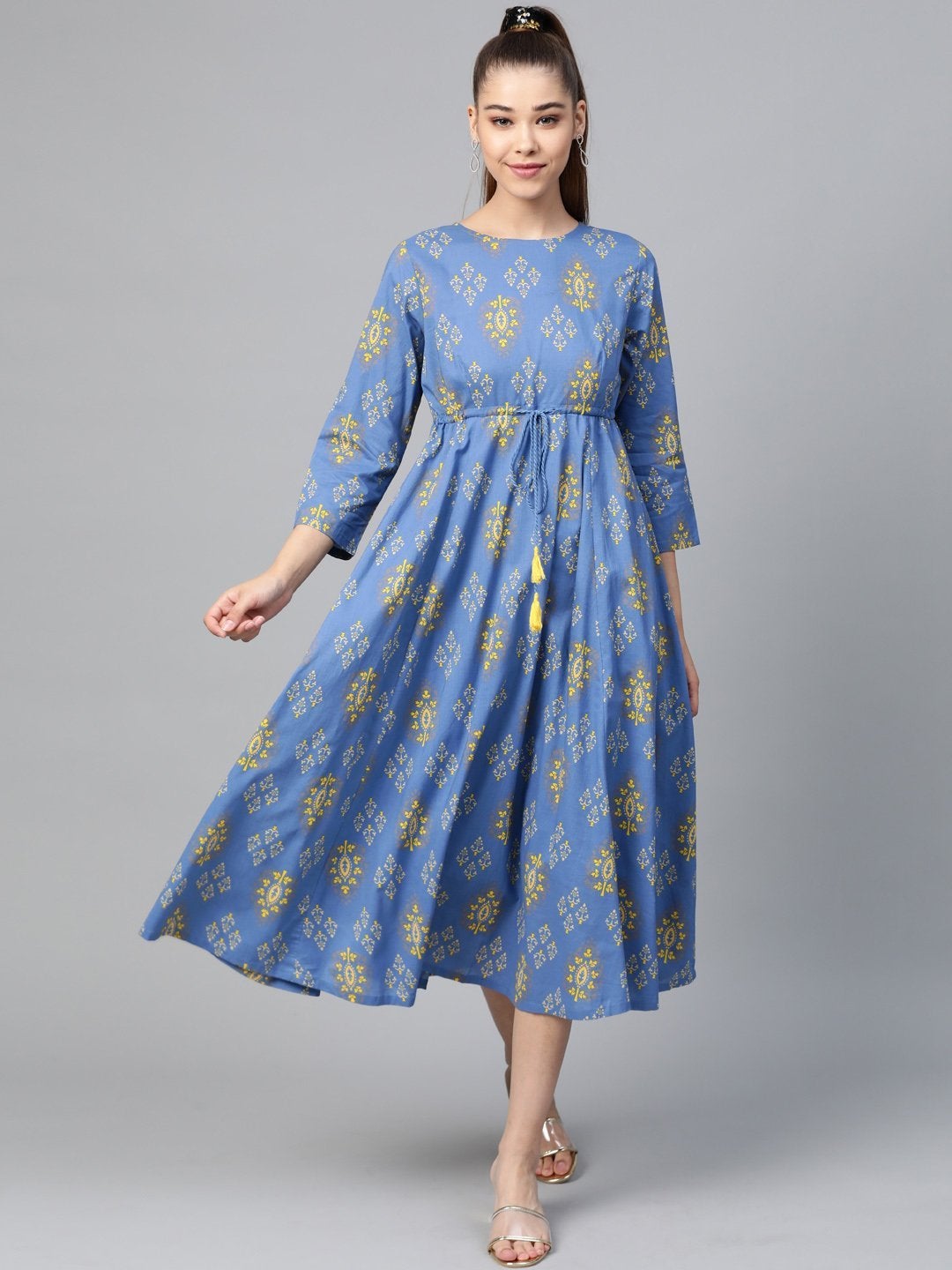 Women's Blue Floral Drawstring Anarkali Dress - SHAE