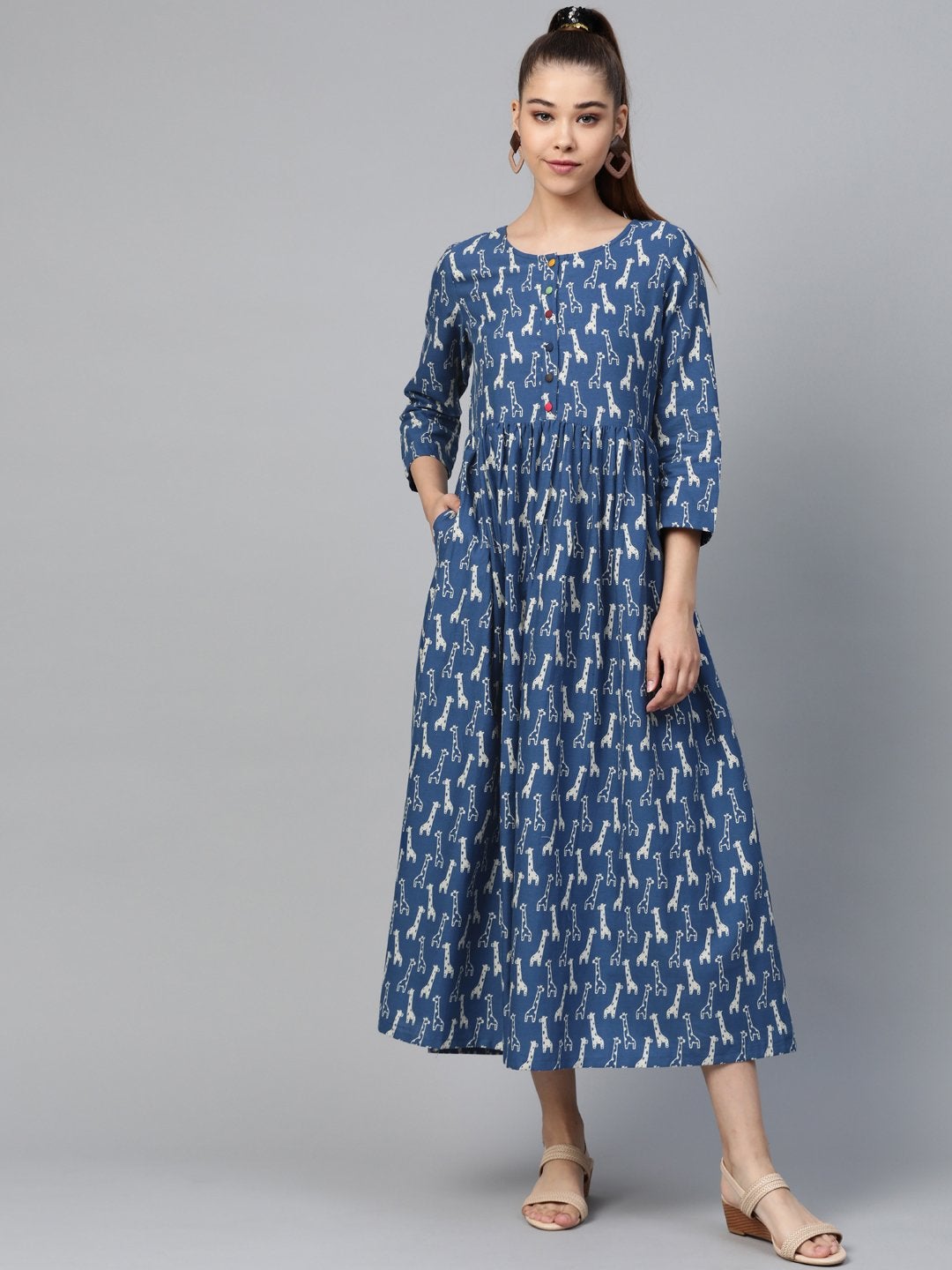 Women's Blue Giraffe Print Gathered Dress - SASSAFRAS