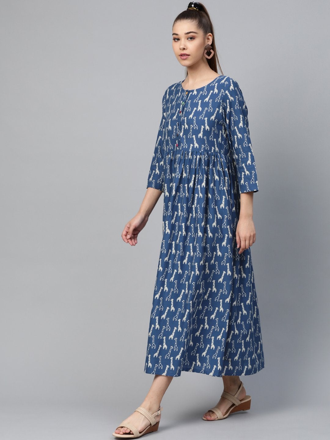 Women's Blue Giraffe Print Gathered Dress - SASSAFRAS