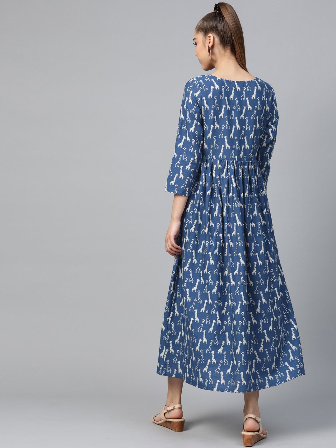 Women's Blue Giraffe Print Gathered Dress - SASSAFRAS