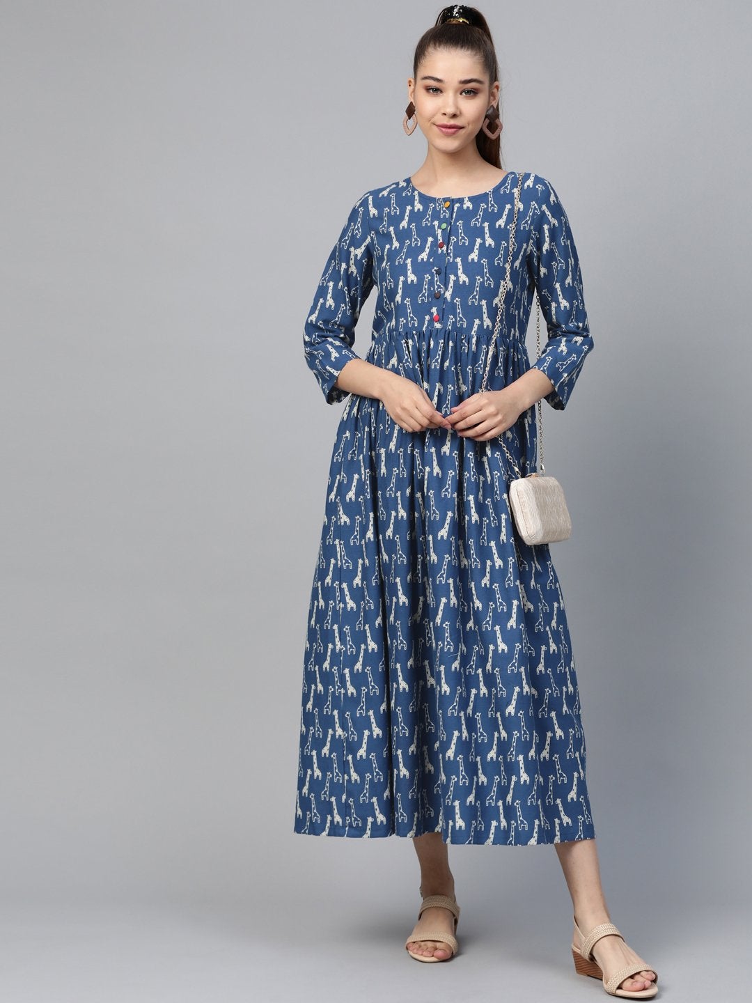 Women's Blue Giraffe Print Gathered Dress - SASSAFRAS