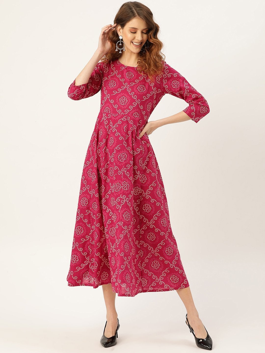 Women's Fuchsia Bandhej Anarkali Dress - SHAE