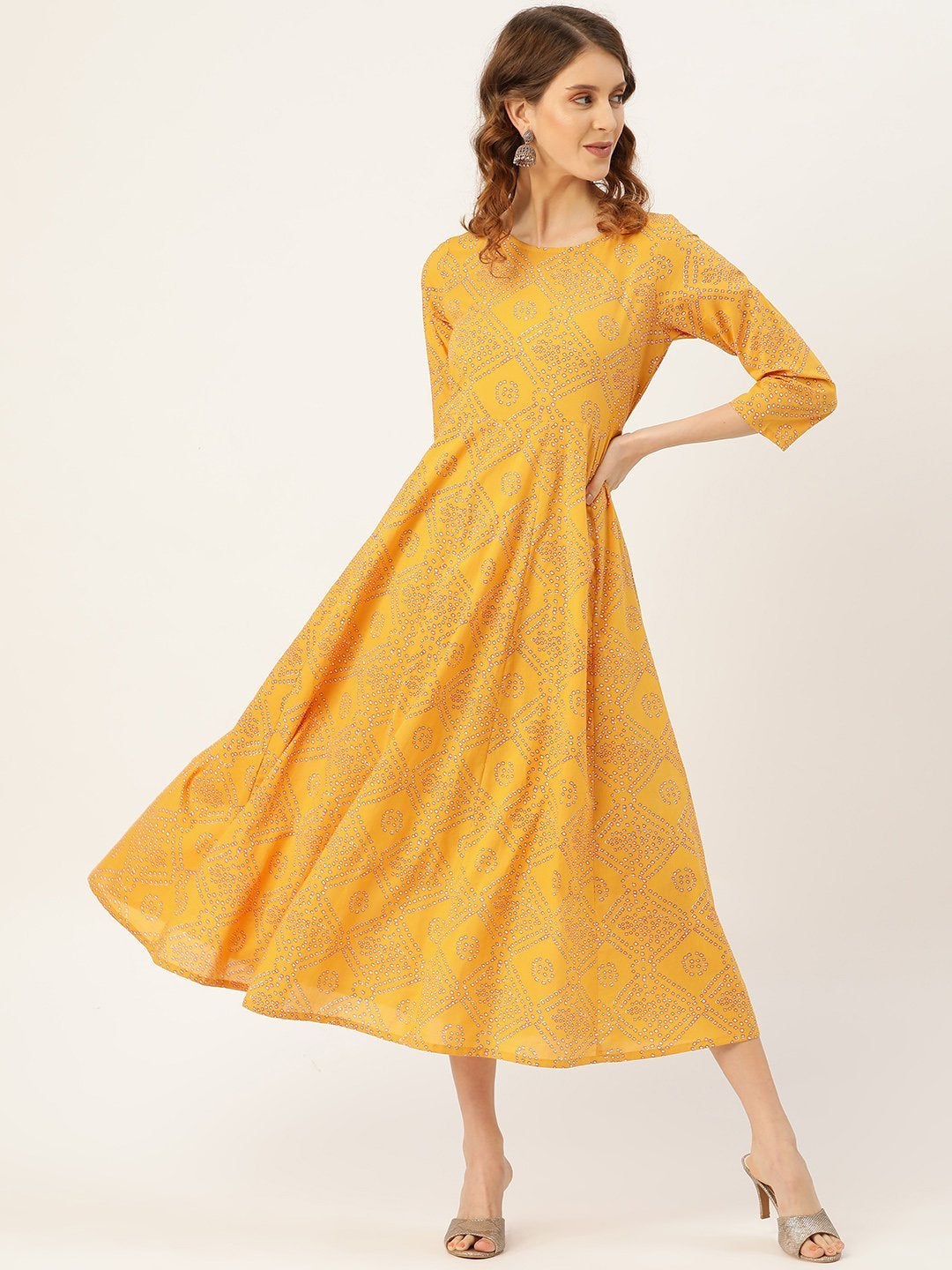 Women's Mustard Bandhej Anarkali Dress