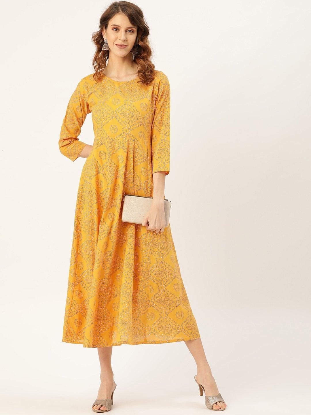 Women's Mustard Bandhej Anarkali Dress