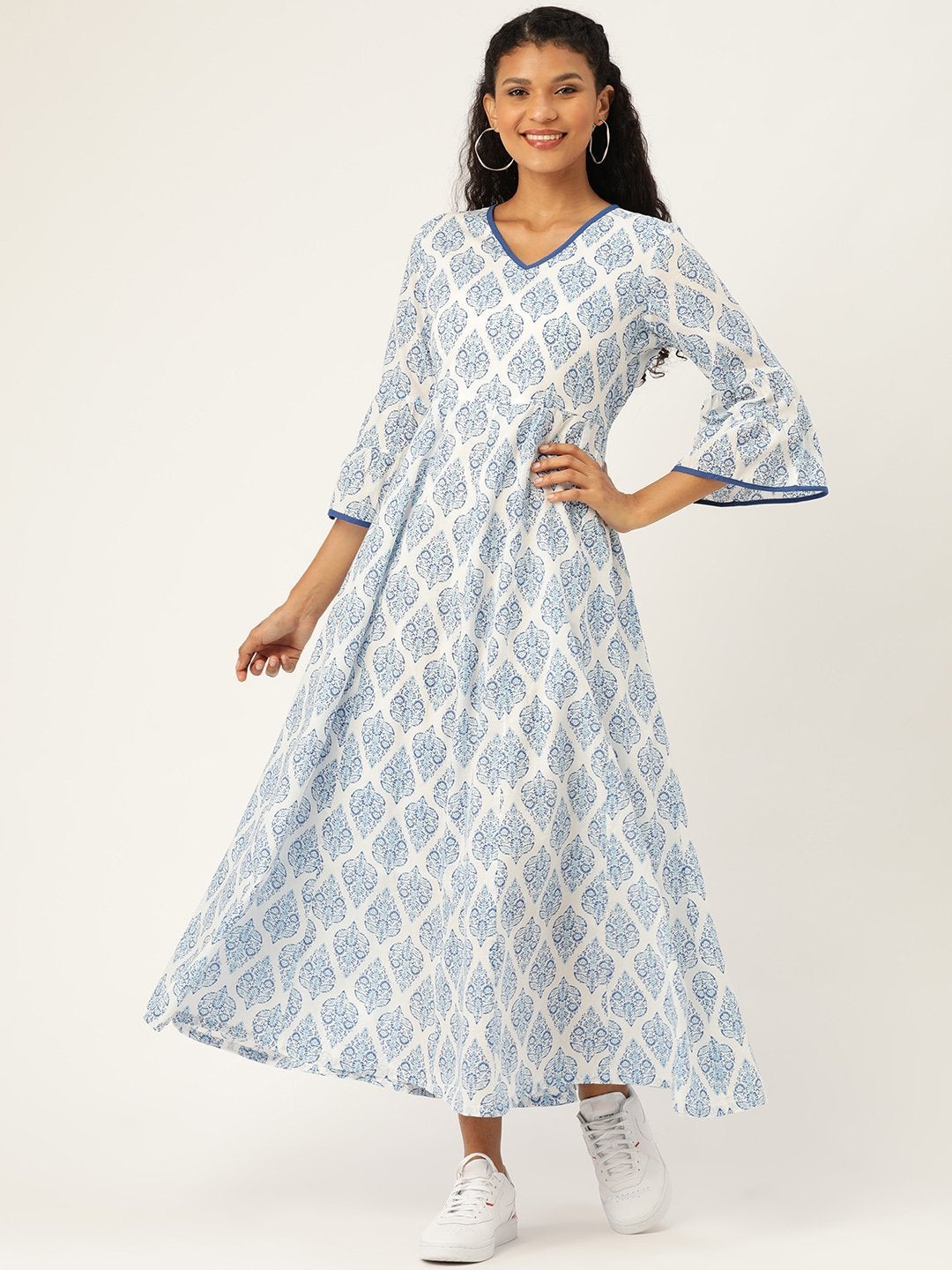 Women's Blue Motif Floral Anarkali Maxi - SHAE