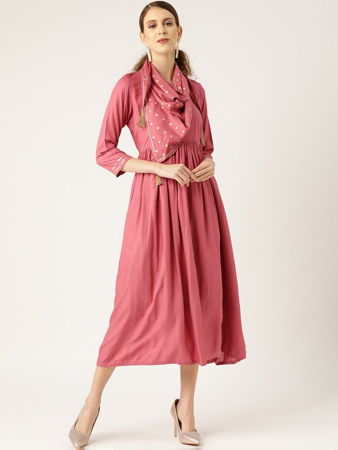 Women's Pink Gathered Dress With Foil Print Scraf - SASSAFRAS