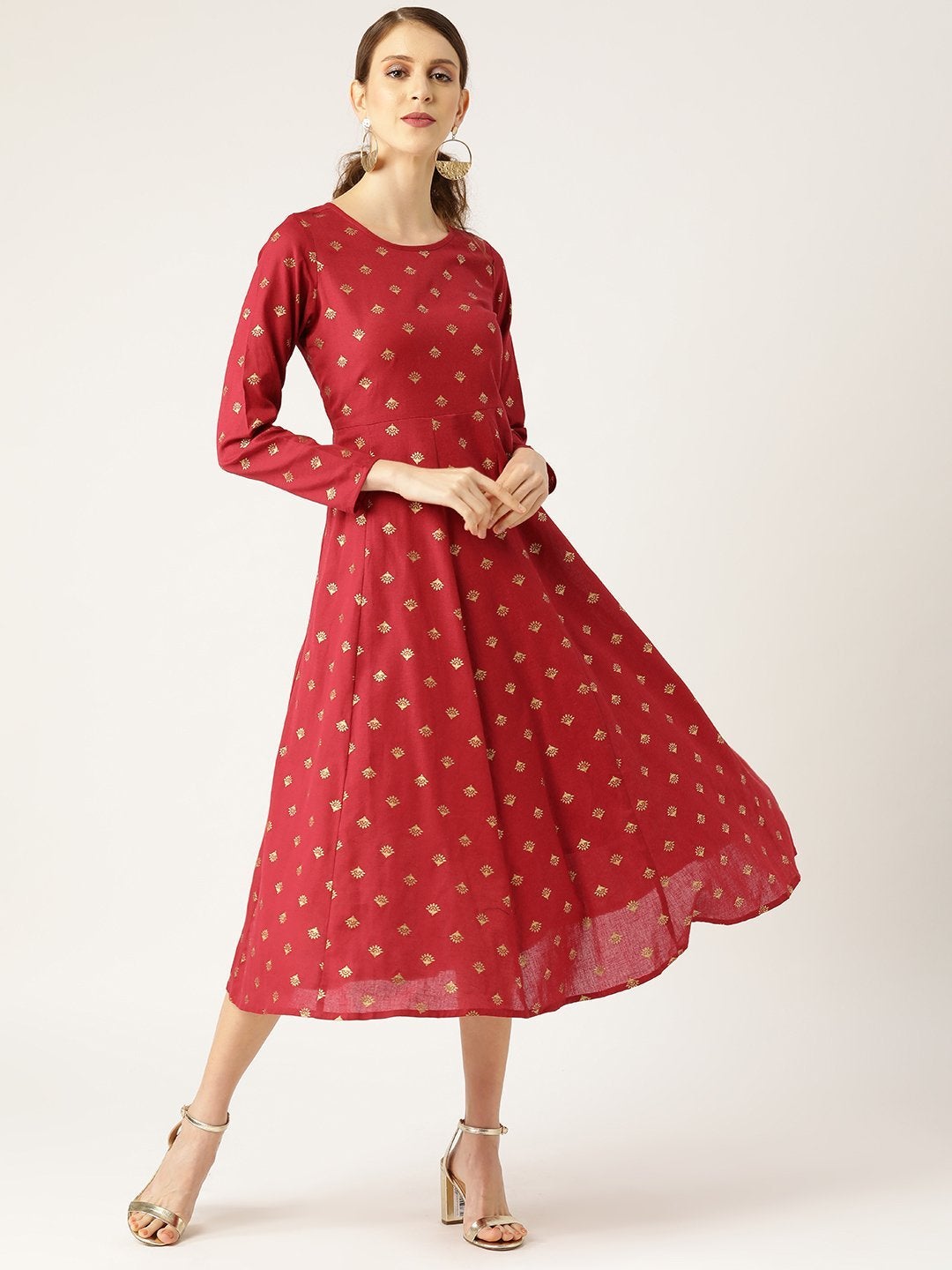 Women's Maroon Small Booti Foil Anarkali Dress