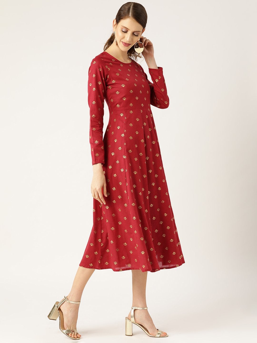 Women's Maroon Small Booti Foil Anarkali Dress