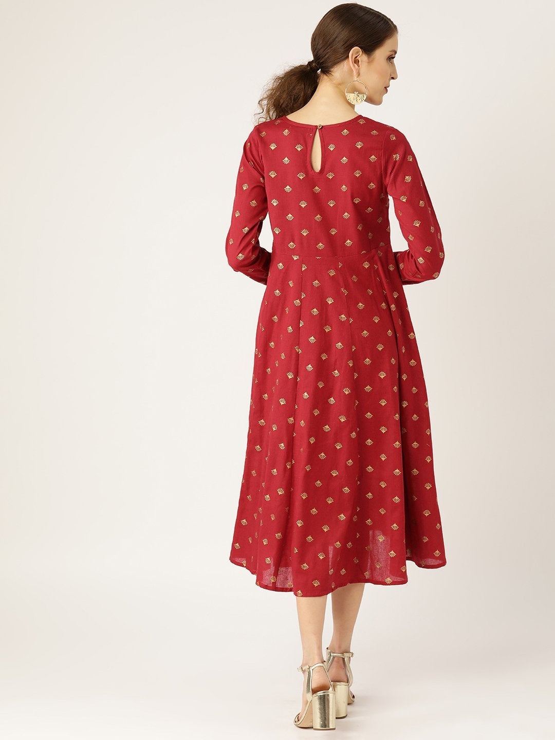 Women's Maroon Small Booti Foil Anarkali Dress