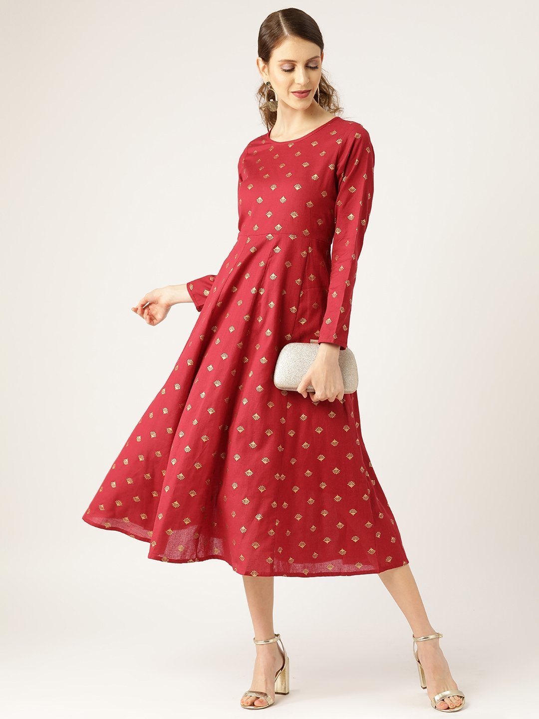 Women's Maroon Small Booti Foil Anarkali Dress