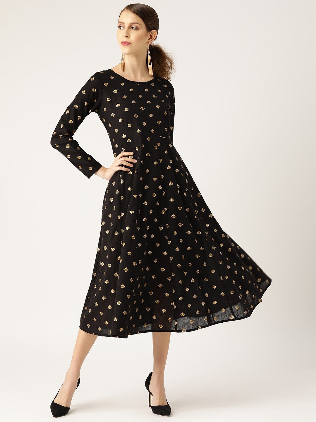 Women's Black Small Booti Foil Anarkali Dress
