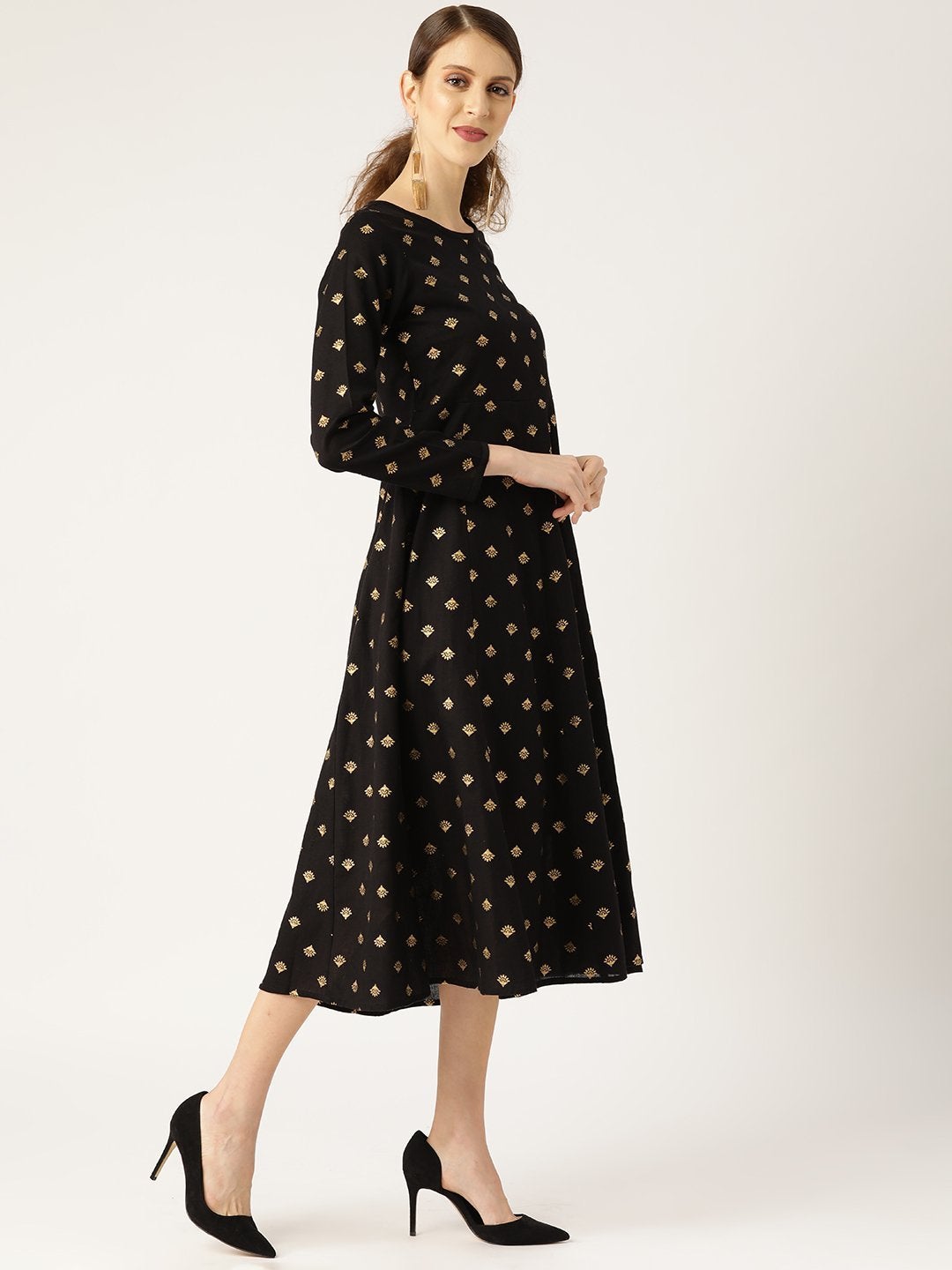 Women's Black Small Booti Foil Anarkali Dress