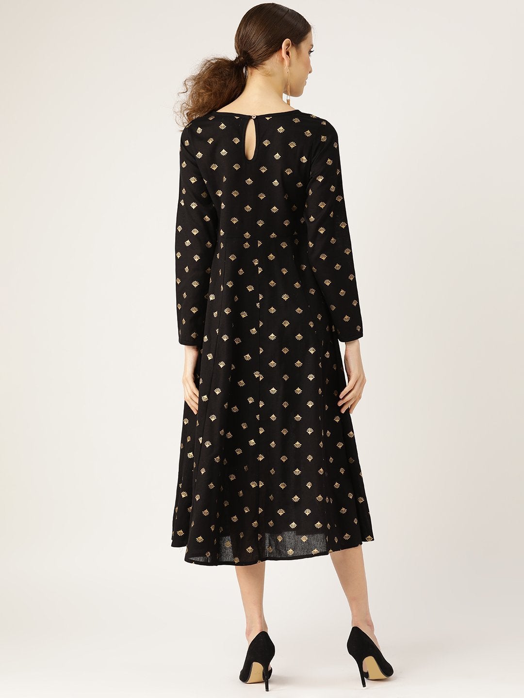Women's Black Small Booti Foil Anarkali Dress