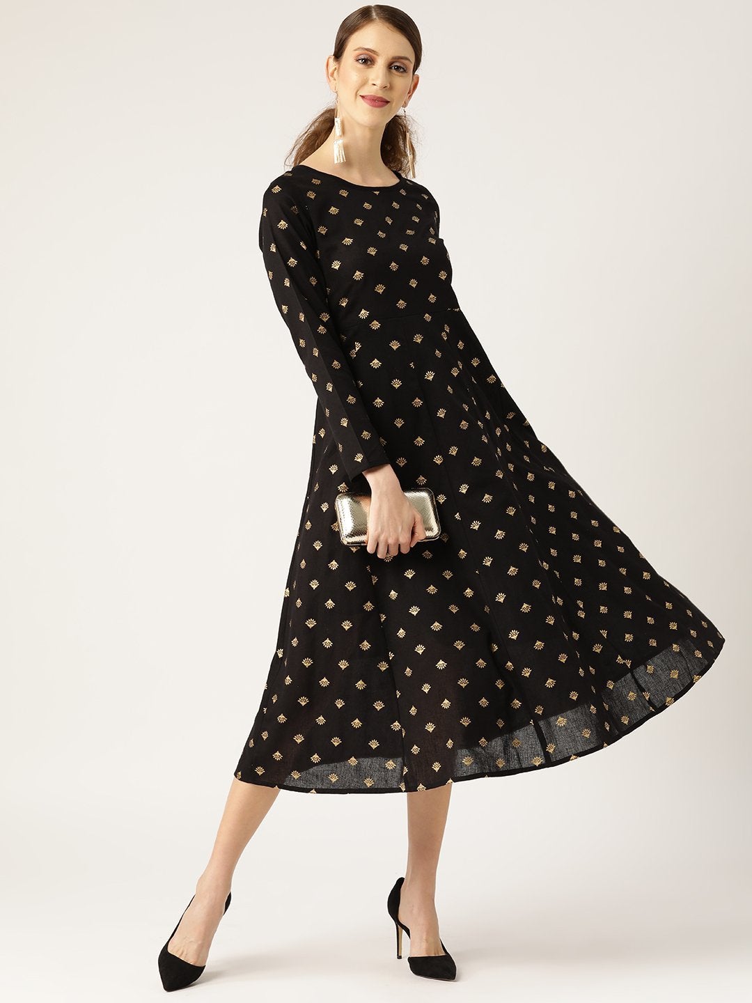 Women's Black Small Booti Foil Anarkali Dress