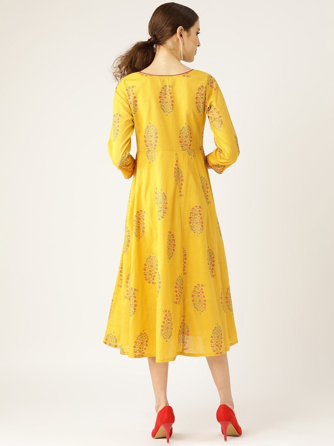 Women's Mustard Foil Print Sweetheart Neck Dress - SASSAFRAS