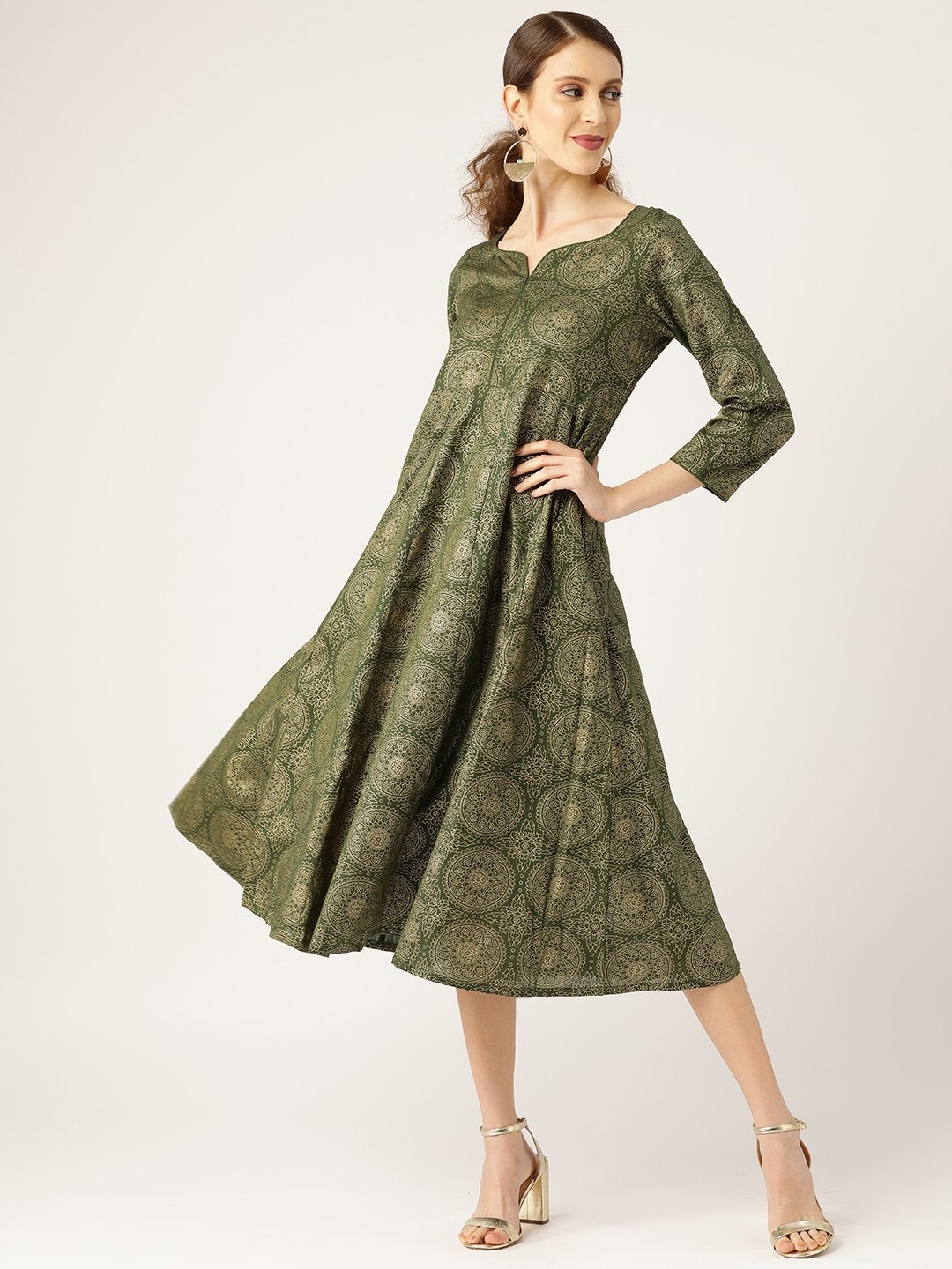 Women's Dark Green Foil Print Sweetheart Neck Dress - SASSAFRAS