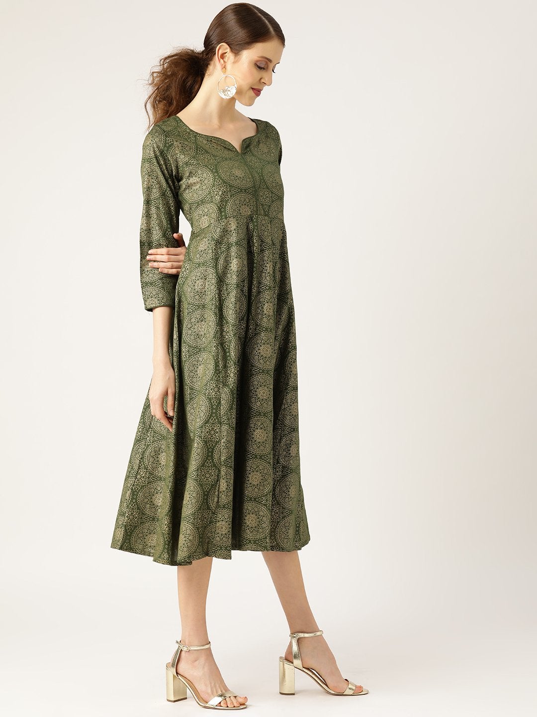 Women's Dark Green Foil Print Sweetheart Neck Dress - SASSAFRAS