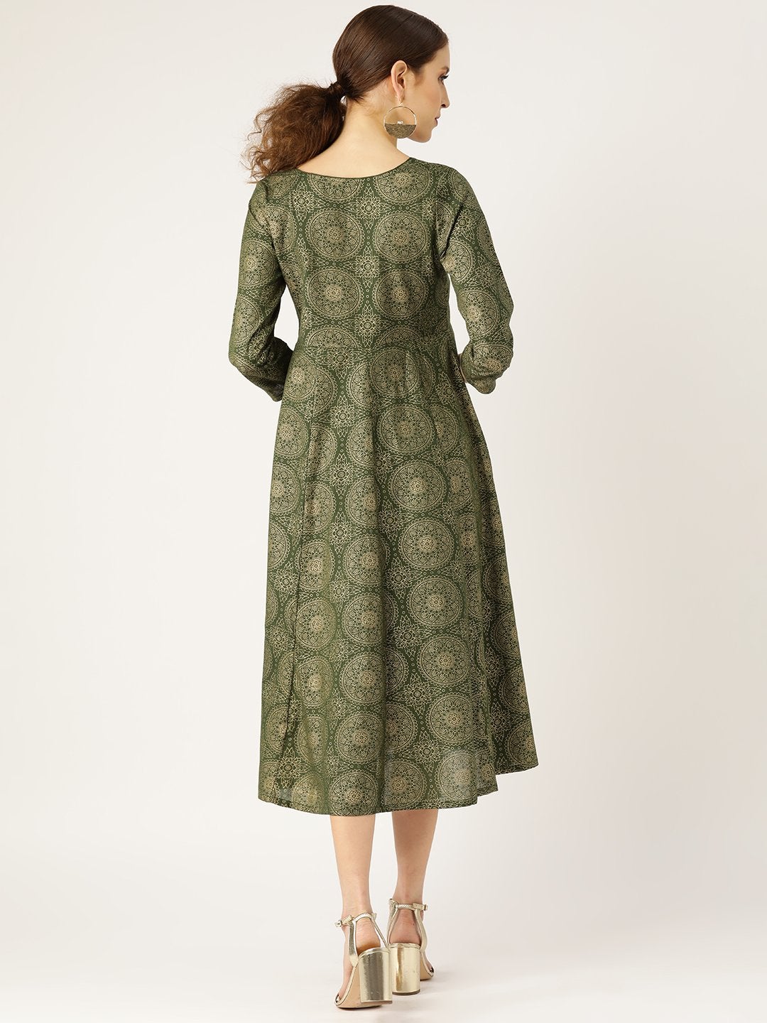 Women's Dark Green Foil Print Sweetheart Neck Dress - SASSAFRAS