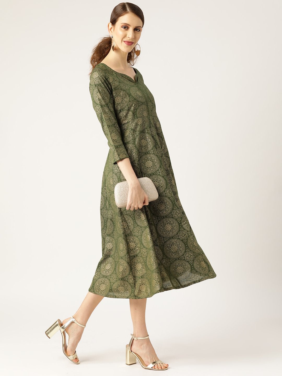 Women's Dark Green Foil Print Sweetheart Neck Dress - SASSAFRAS