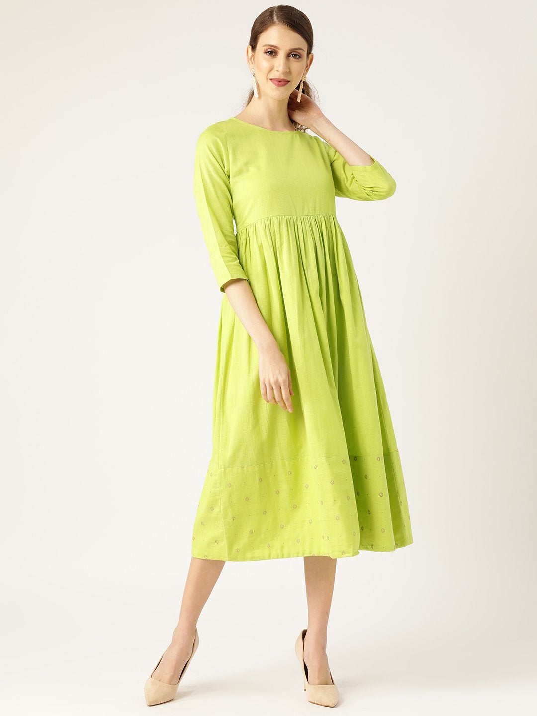 Women's Lime Green Dot Foil Print Gathered Dress - SASSAFRAS