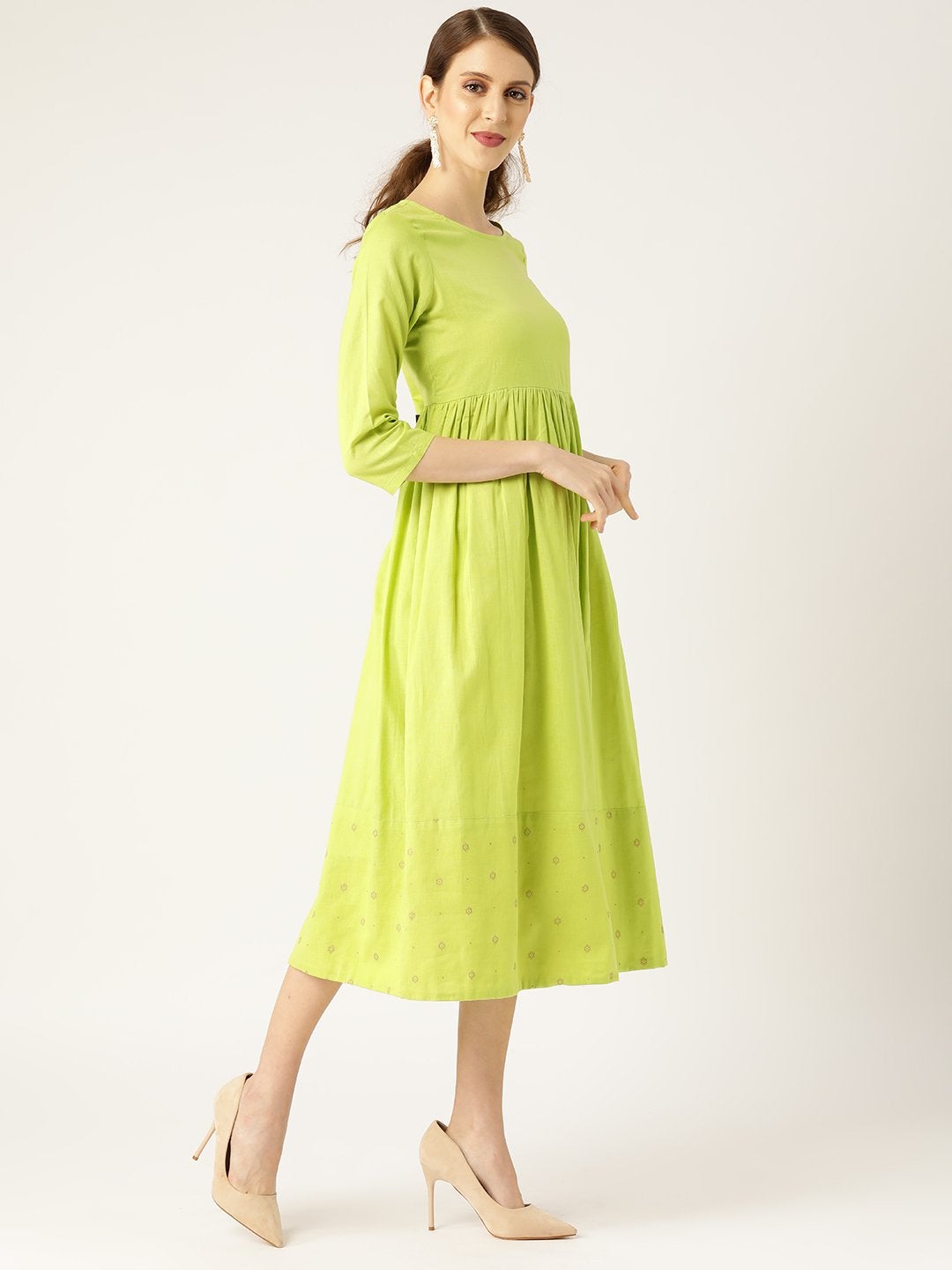 Women's Lime Green Dot Foil Print Gathered Dress - SASSAFRAS