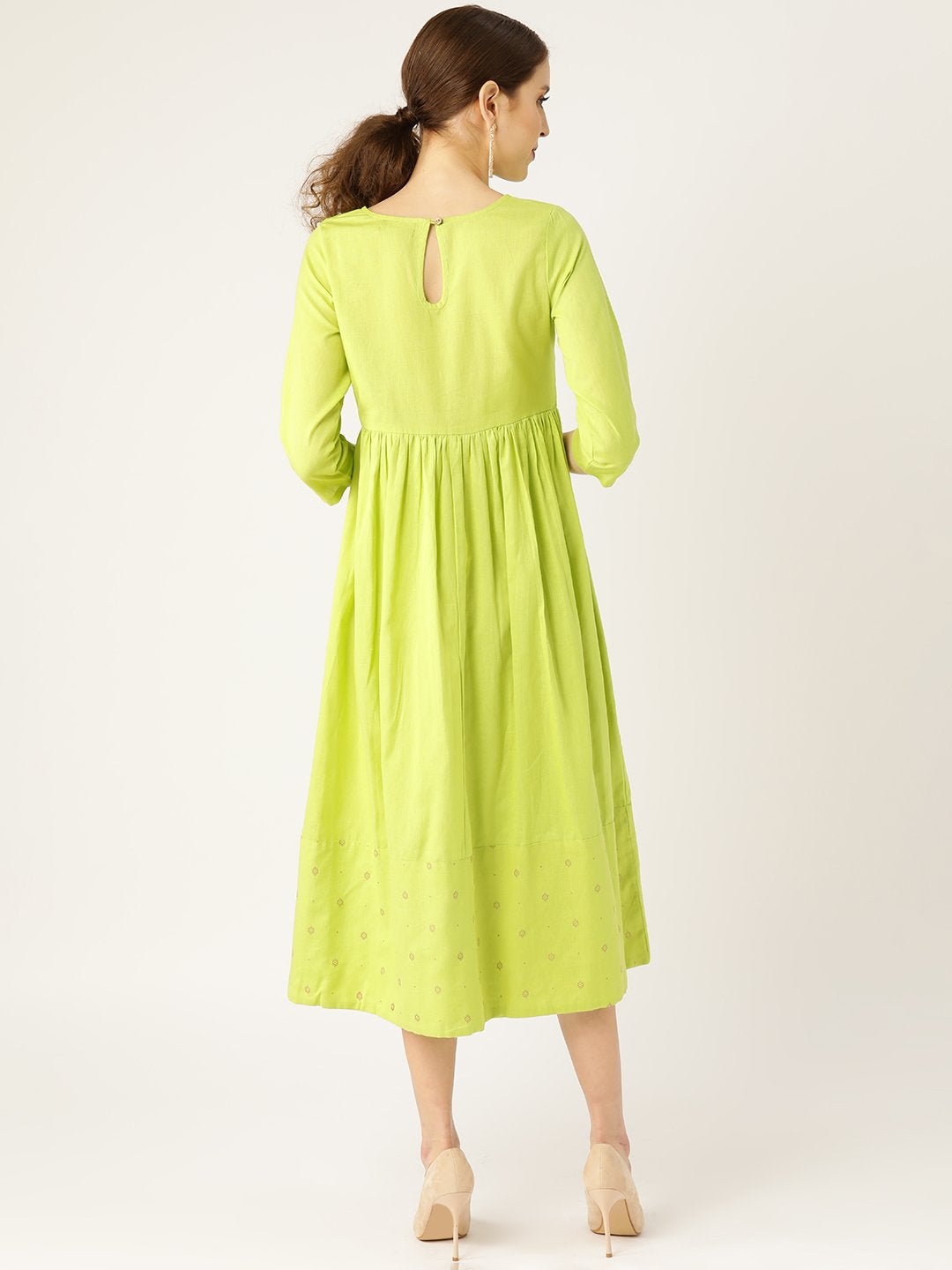 Women's Lime Green Dot Foil Print Gathered Dress - SASSAFRAS