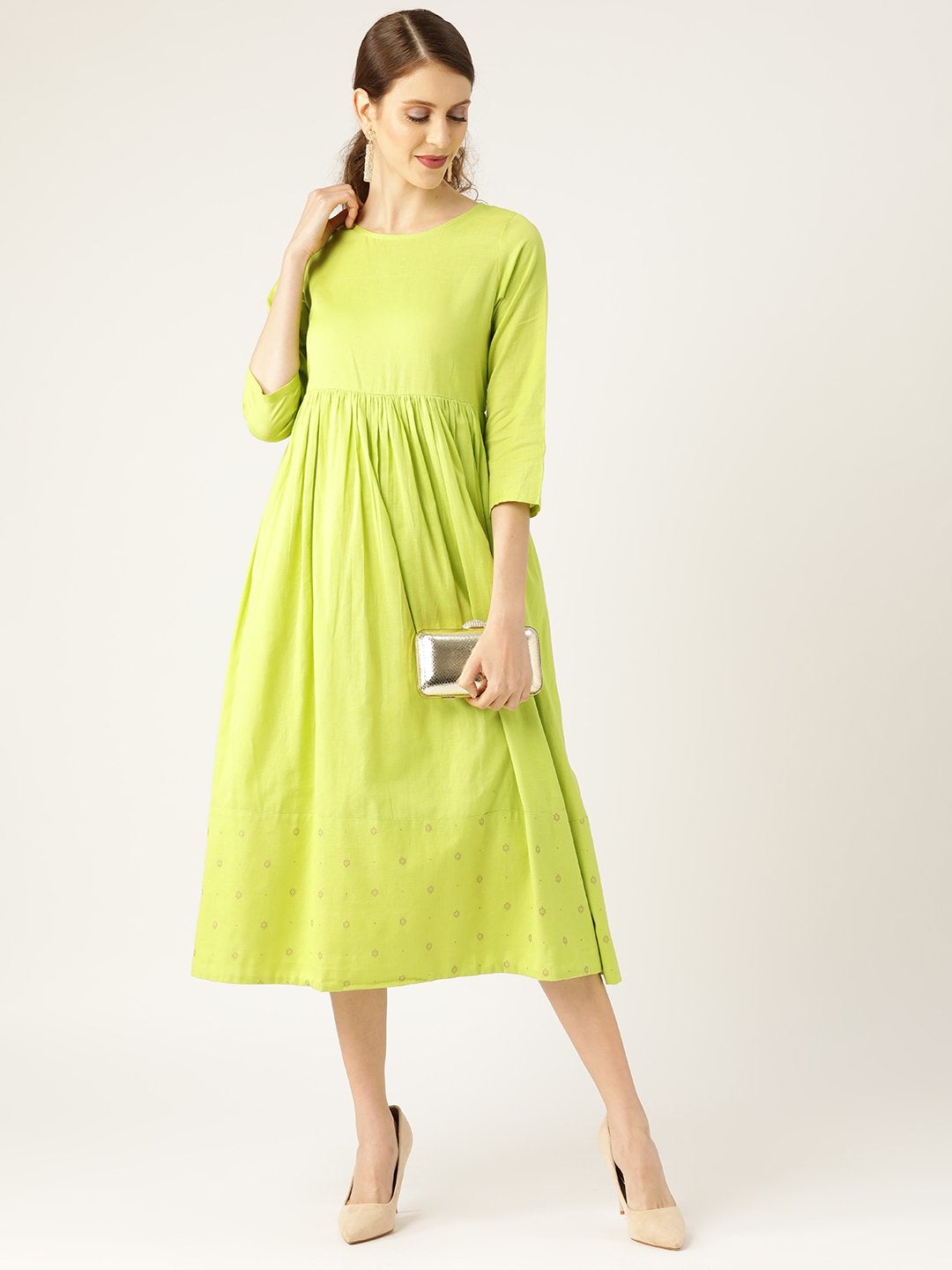 Women's Lime Green Dot Foil Print Gathered Dress - SASSAFRAS