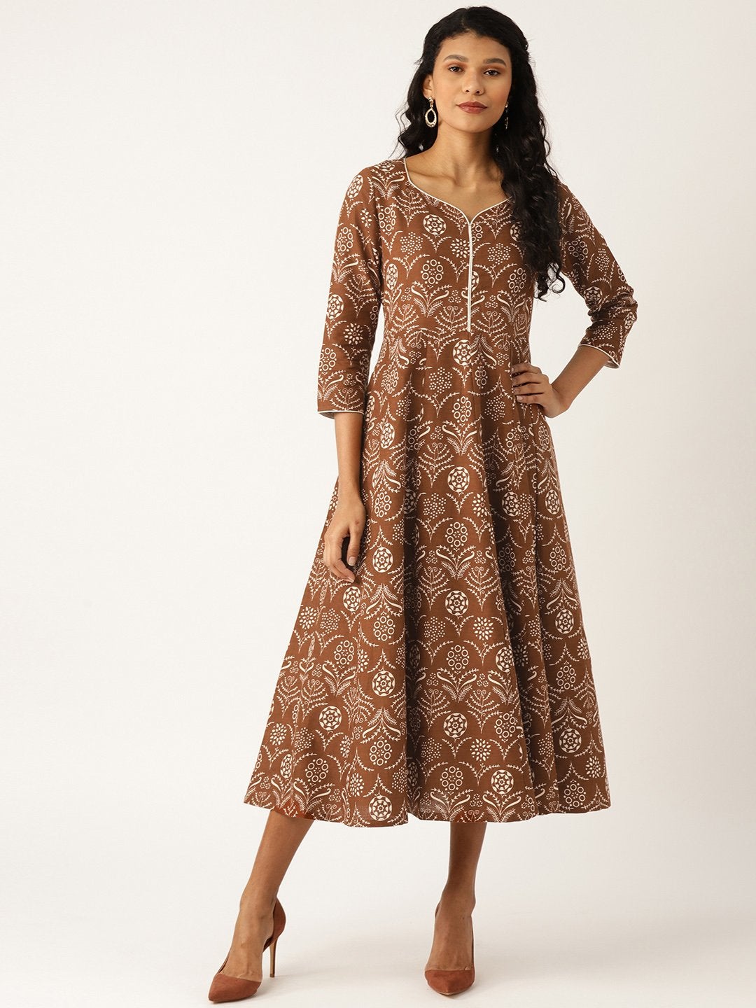 Women's Brown Floral Sweetheart Neck Flared Midi Dress - SASSAFRAS