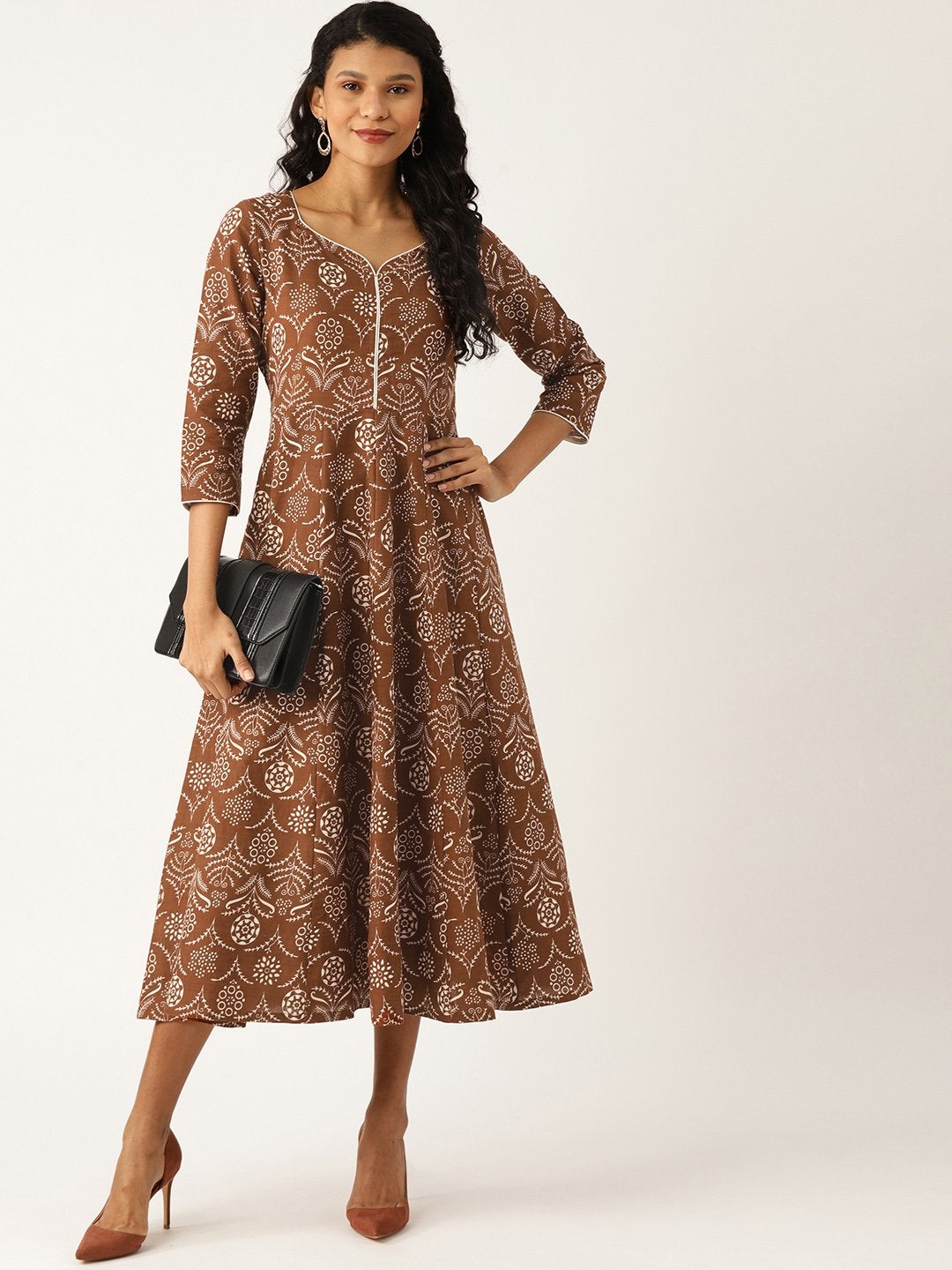 Women's Brown Floral Sweetheart Neck Flared Midi Dress - SASSAFRAS