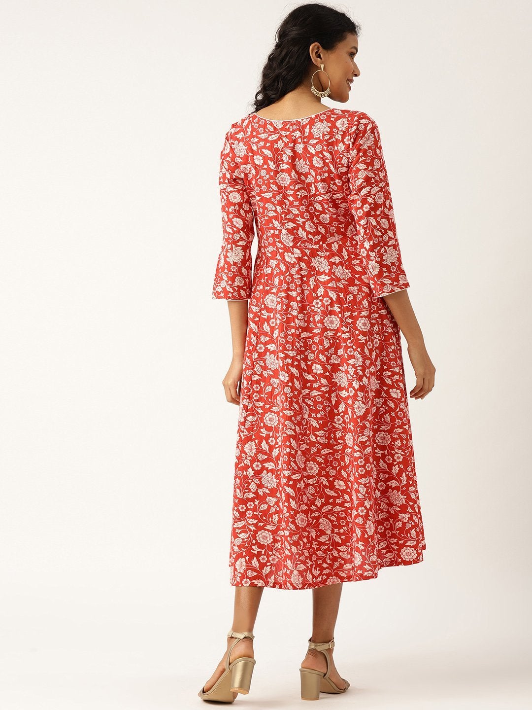 Women's Red Floral Sweetheart Neck Flared Midi Dress - SASSAFRAS