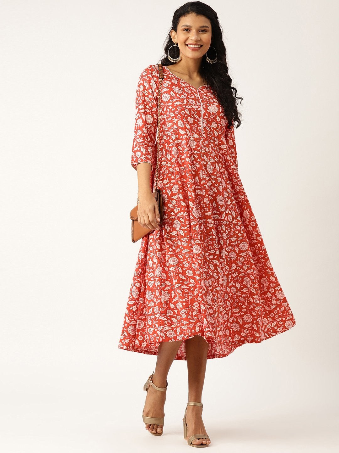 Women's Red Floral Sweetheart Neck Flared Midi Dress - SASSAFRAS