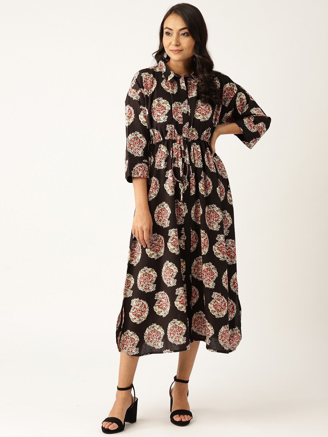 Women's Black Paisely Kaftan Midi Dress - SASSAFRAS