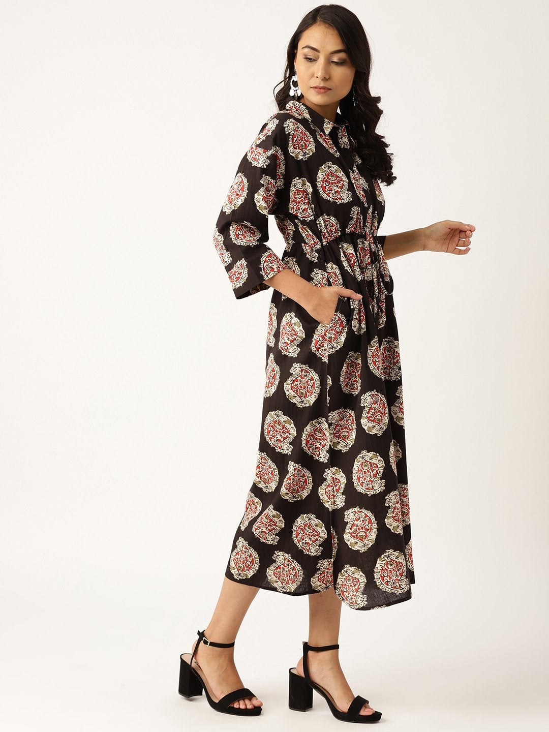 Women's Black Paisely Kaftan Midi Dress - SASSAFRAS