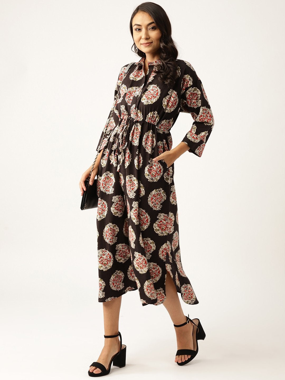 Women's Black Paisely Kaftan Midi Dress - SASSAFRAS