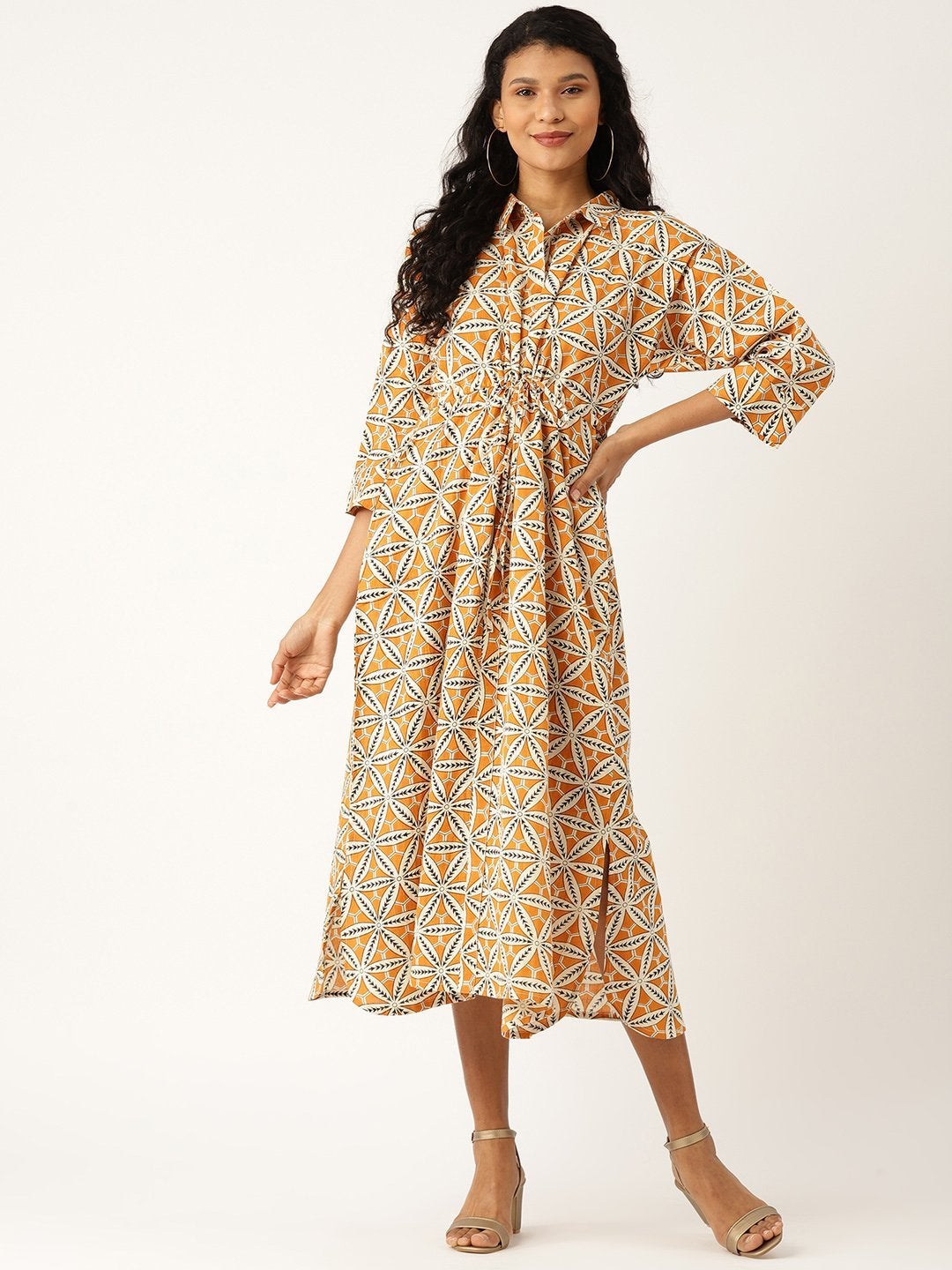 Women's Mustard Floral Kaftan Midi Dress - SASSAFRAS