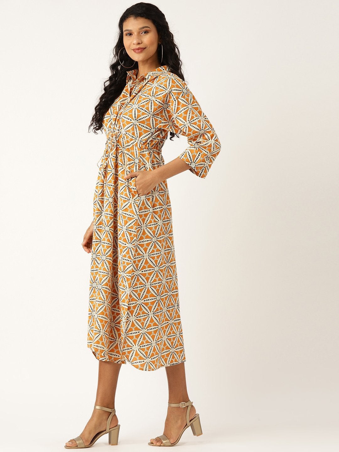 Women's Mustard Floral Kaftan Midi Dress - SASSAFRAS