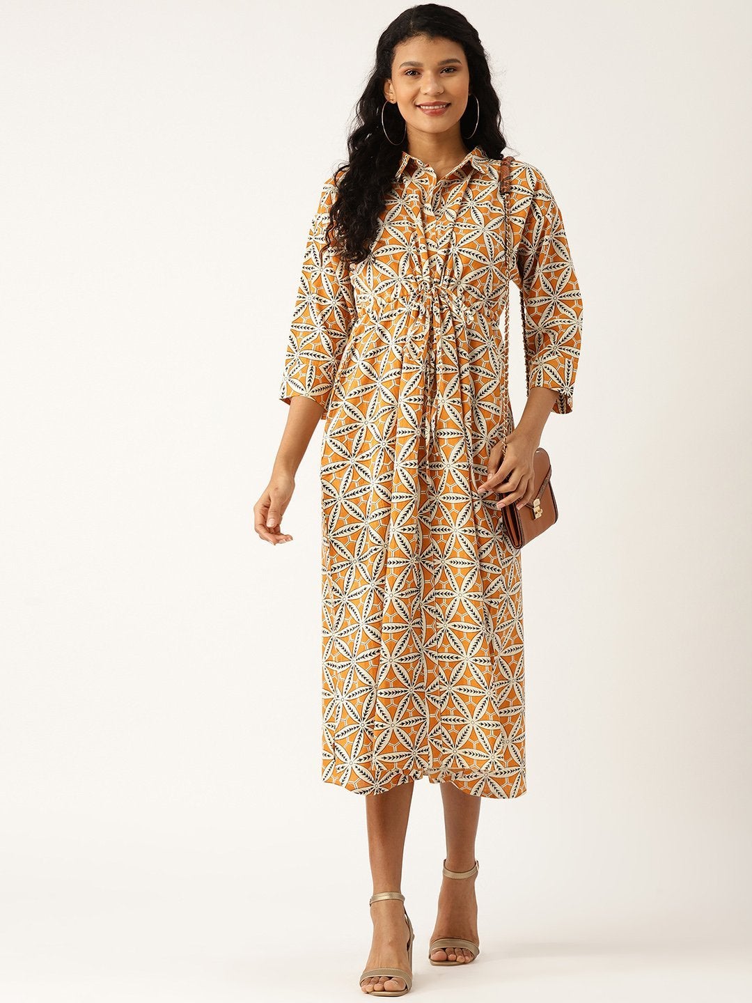 Women's Mustard Floral Kaftan Midi Dress - SASSAFRAS