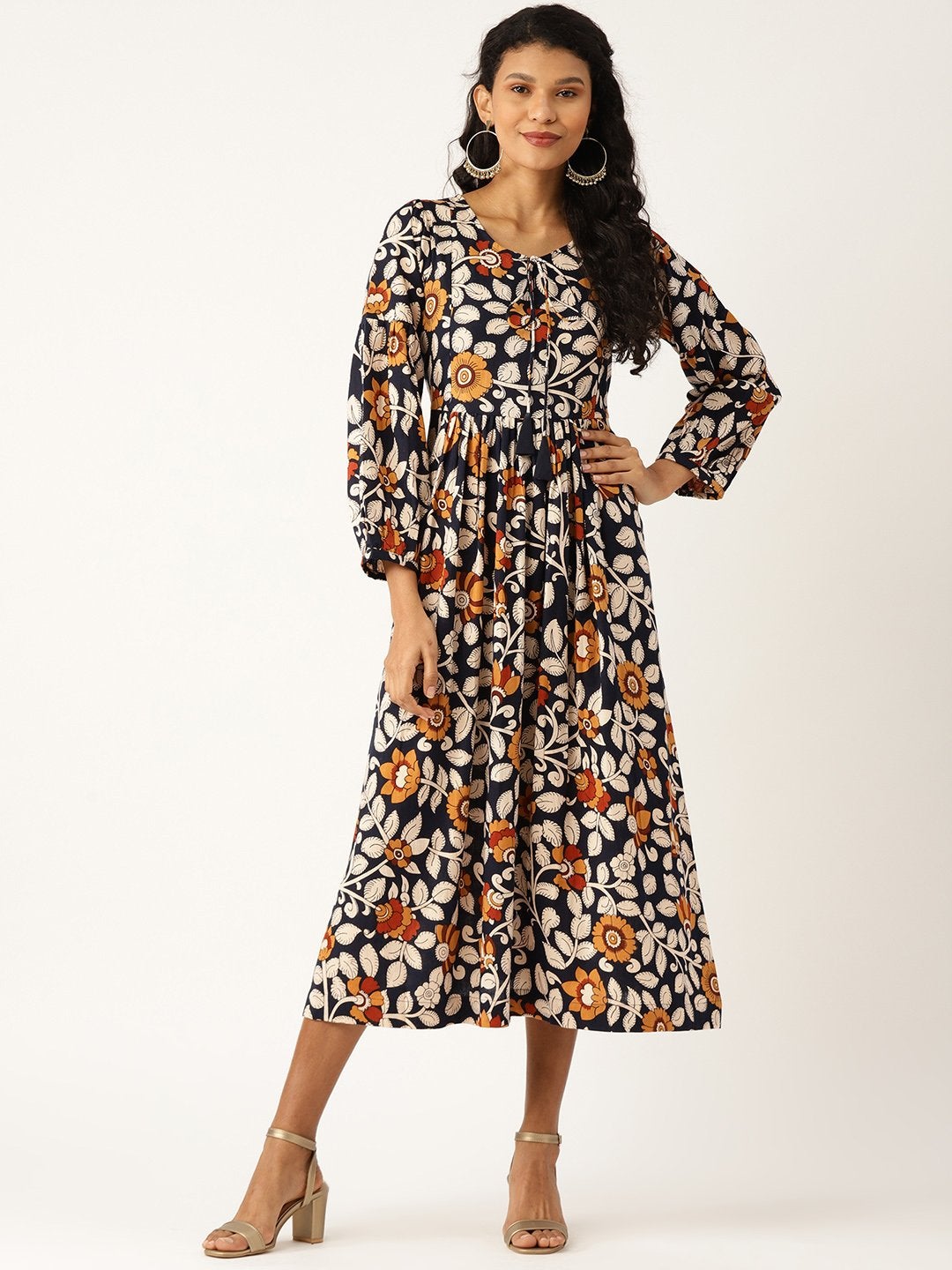 Women's Navy Floral Bishop Sleeve Midi Dress - SASSAFRAS