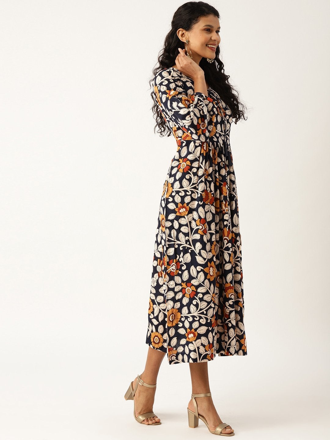 Women's Navy Floral Bishop Sleeve Midi Dress - SASSAFRAS