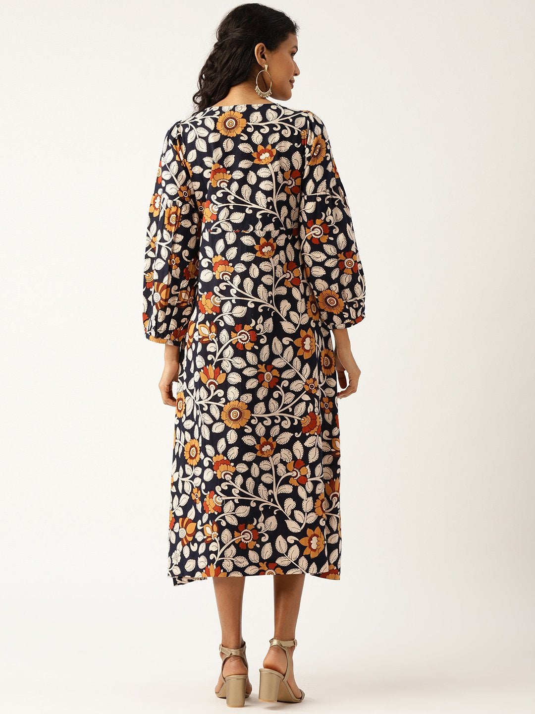 Women's Navy Floral Bishop Sleeve Midi Dress - SASSAFRAS