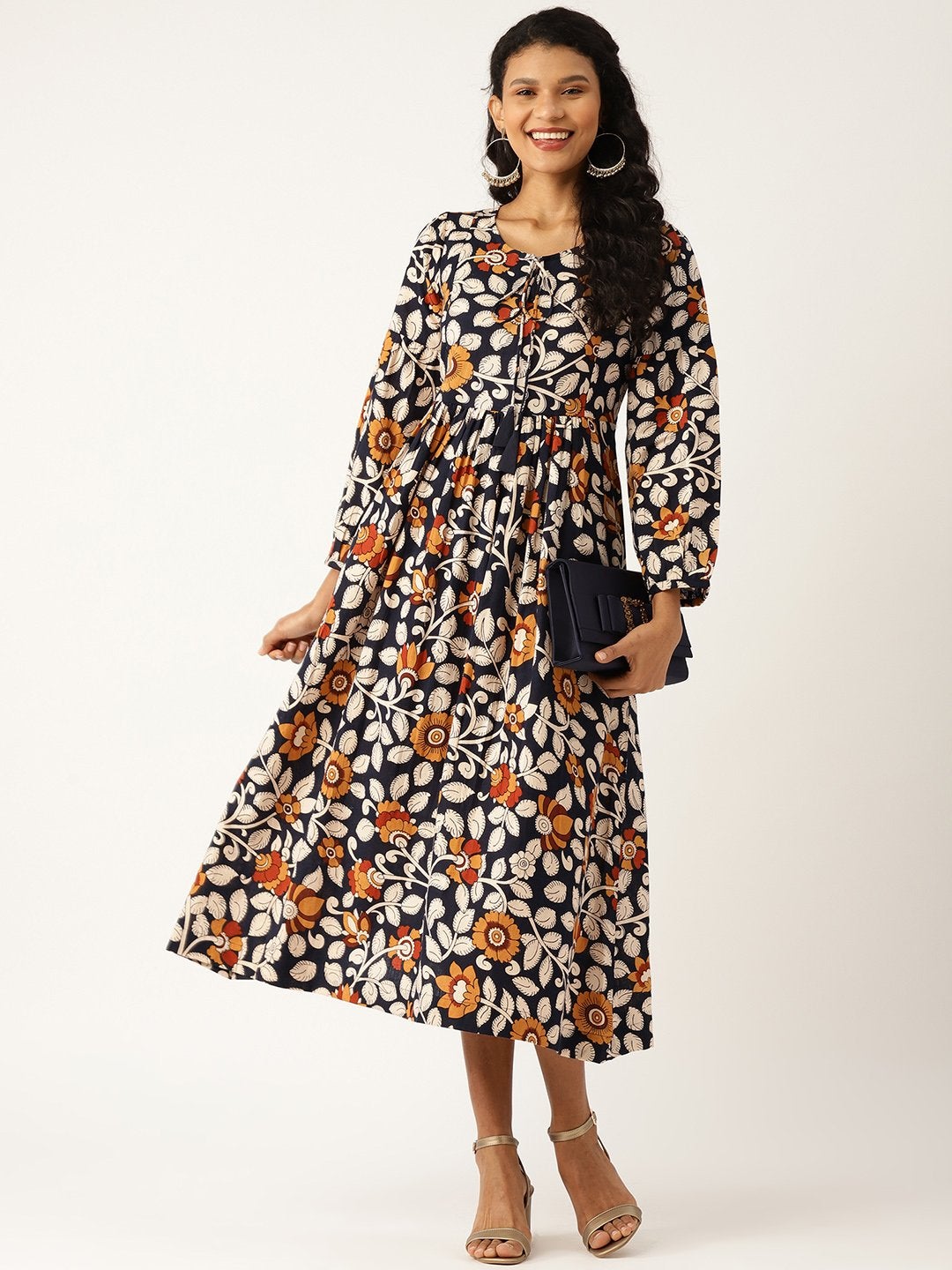 Women's Navy Floral Bishop Sleeve Midi Dress - SASSAFRAS